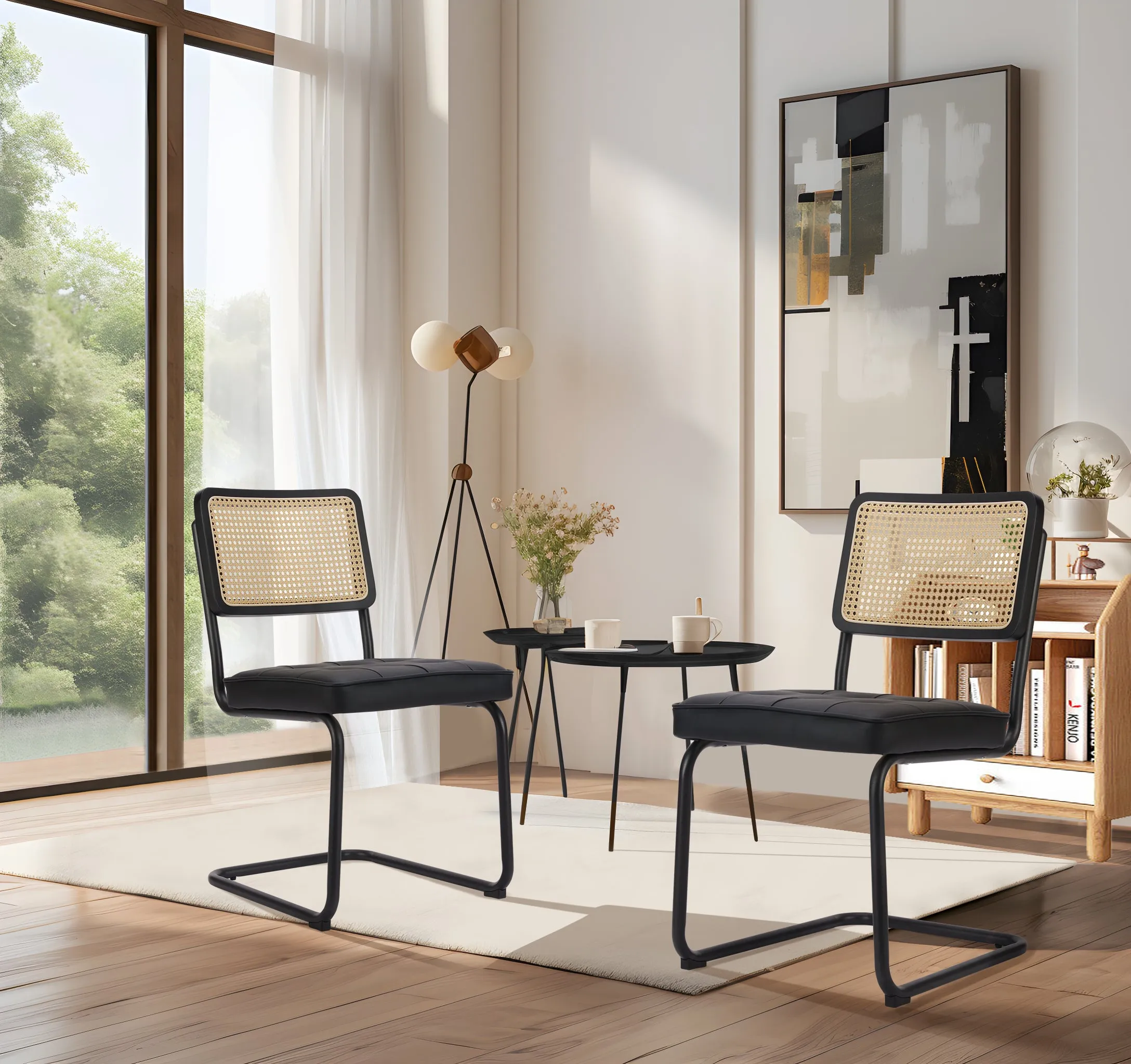 COLAMY Velvet Cantilever Dining Chairs Armless Kitchen Side Chairs with Upholstered Seat & Cane Back