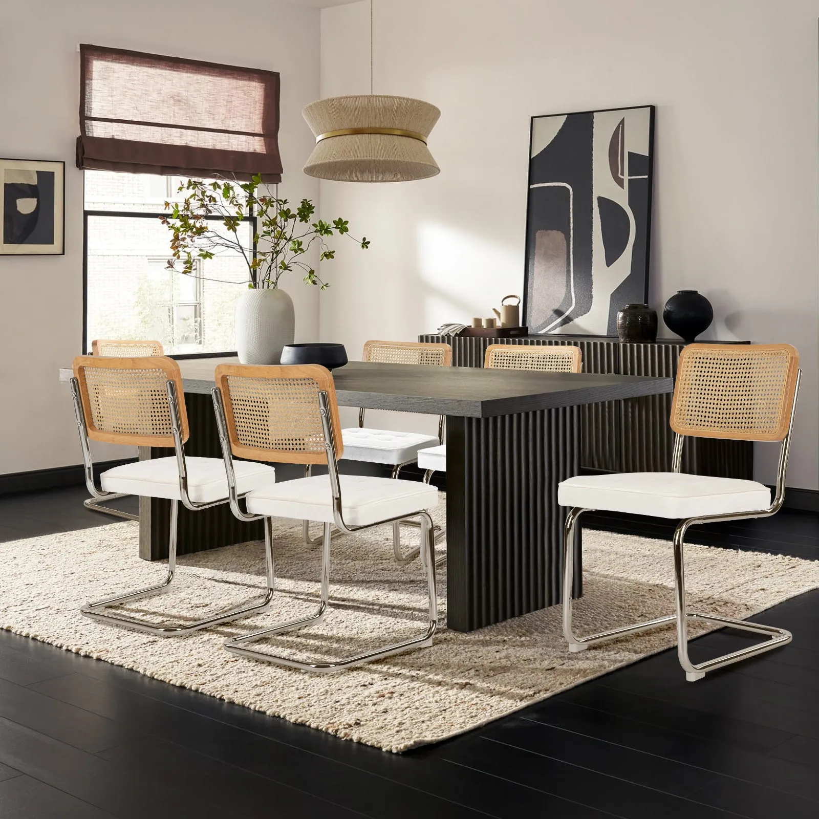 COLAMY Velvet Cantilever Dining Chairs Armless Kitchen Side Chairs with Upholstered Seat & Cane Back