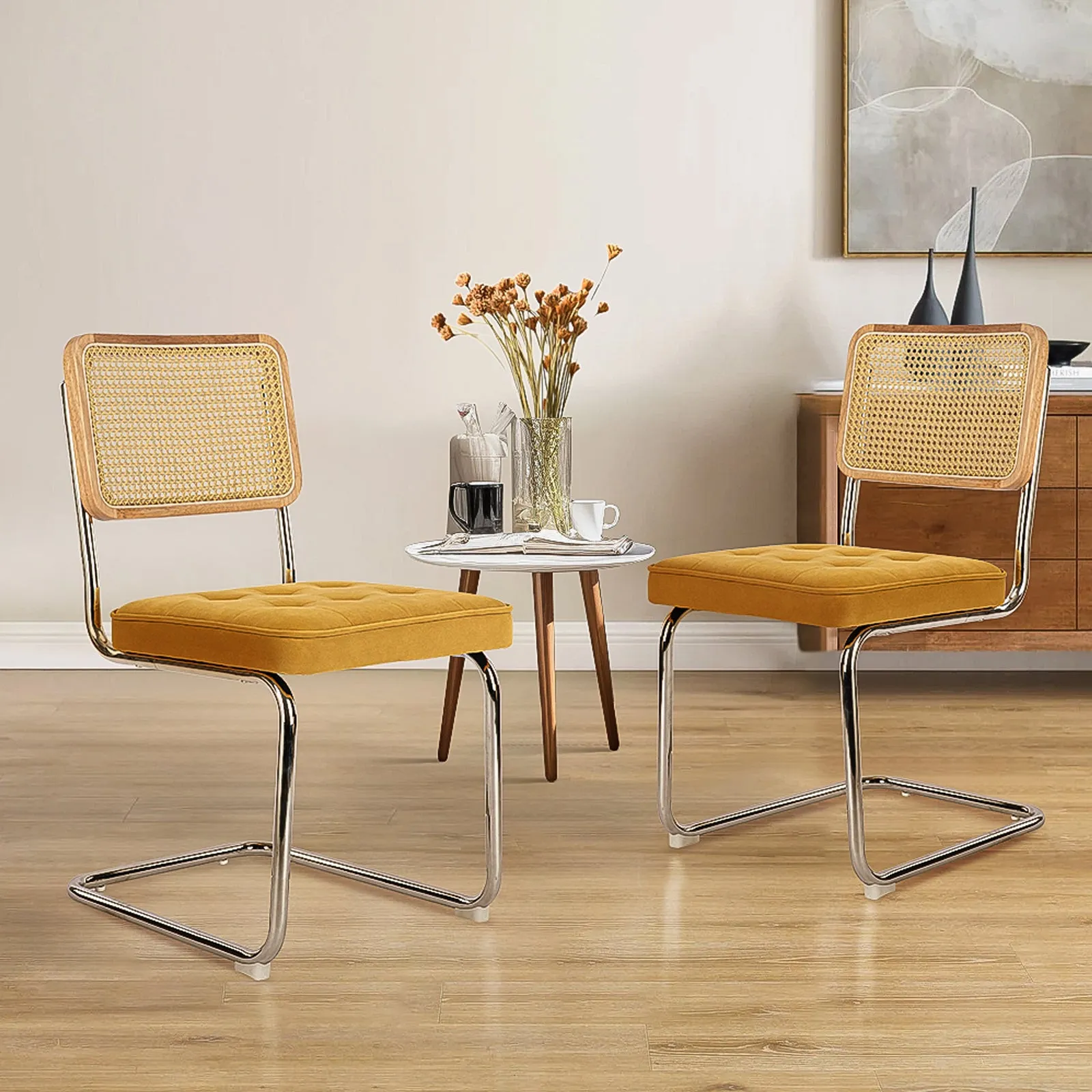 COLAMY Velvet Cantilever Dining Chairs Armless Kitchen Side Chairs with Upholstered Seat & Cane Back
