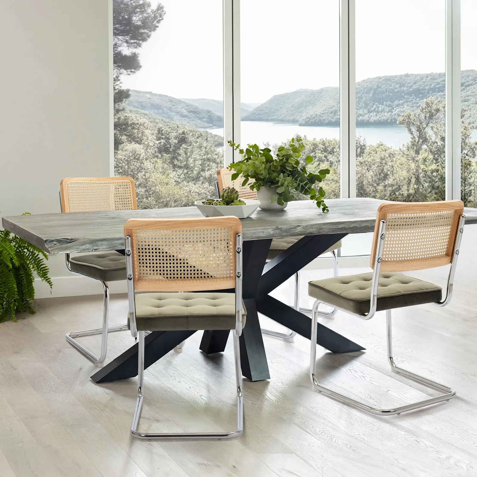 COLAMY Velvet Cantilever Dining Chairs Armless Kitchen Side Chairs with Upholstered Seat & Cane Back