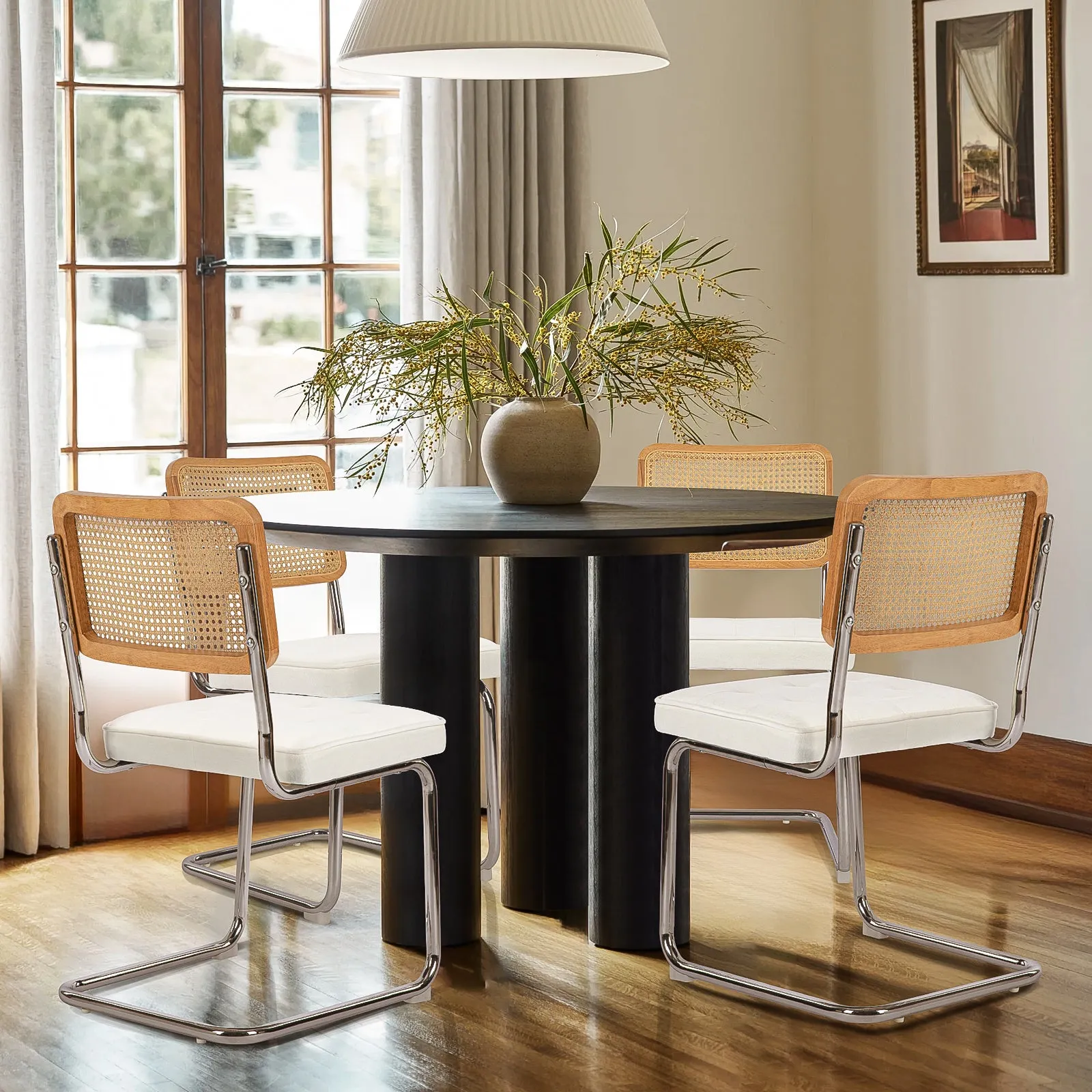 COLAMY Velvet Cantilever Dining Chairs Armless Kitchen Side Chairs with Upholstered Seat & Cane Back