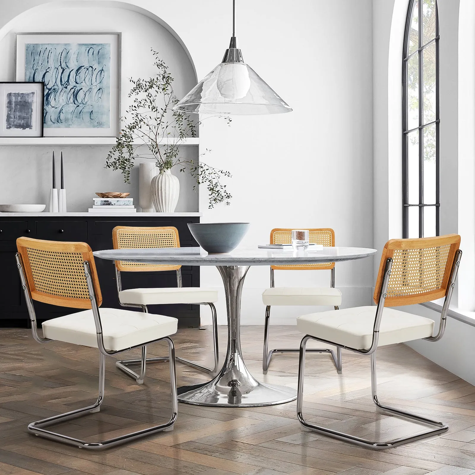 COLAMY Velvet Cantilever Dining Chairs Armless Kitchen Side Chairs with Upholstered Seat & Cane Back