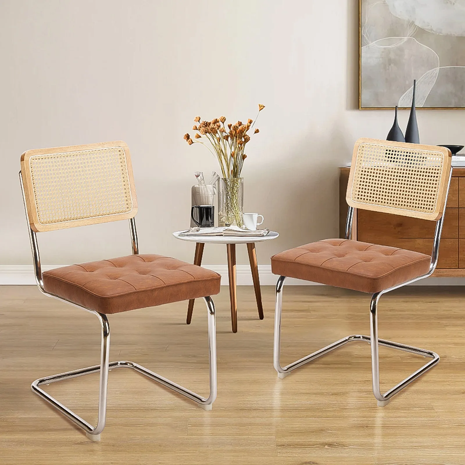 COLAMY Velvet Cantilever Dining Chairs Armless Kitchen Side Chairs with Upholstered Seat & Cane Back