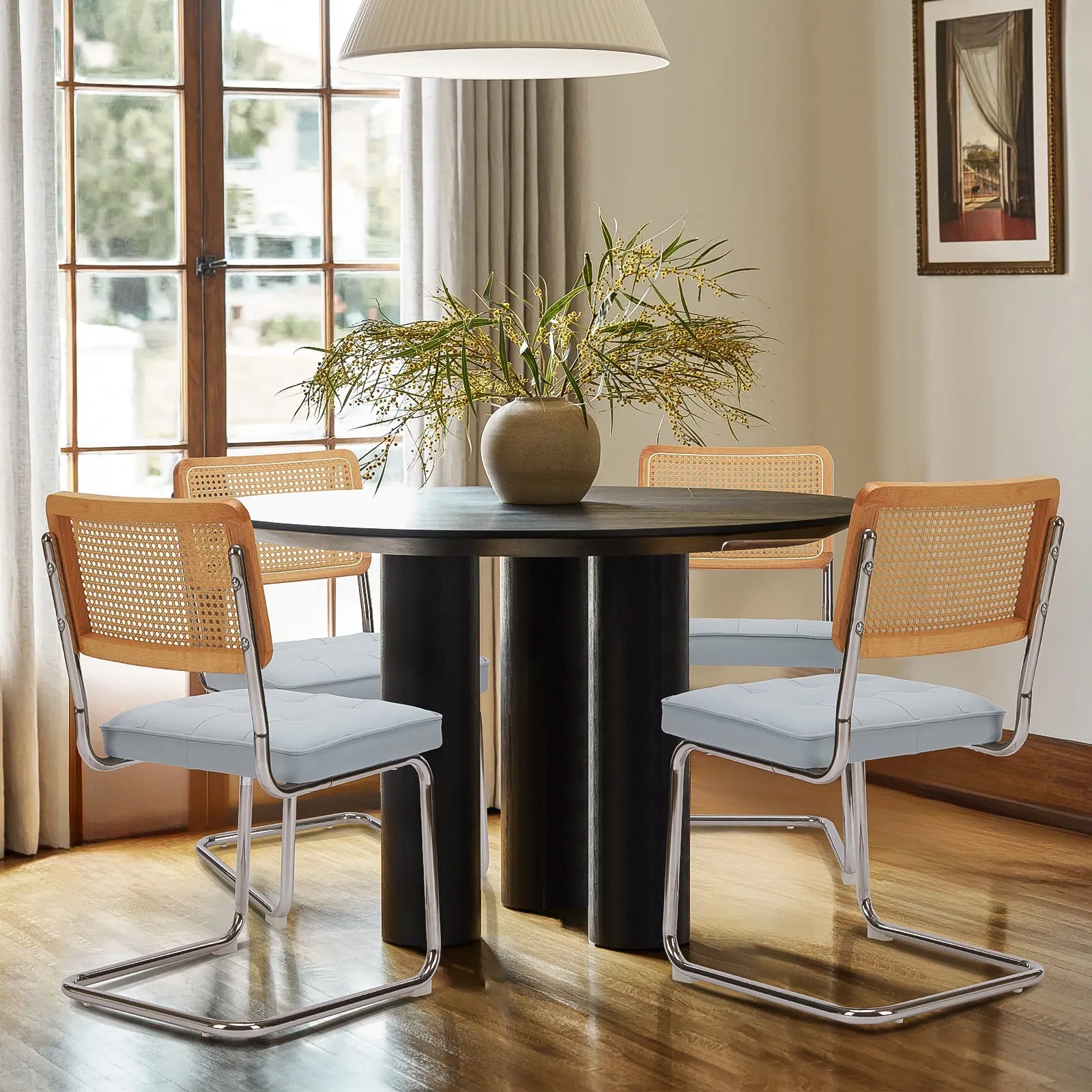 COLAMY Velvet Cantilever Dining Chairs Armless Kitchen Side Chairs with Upholstered Seat & Cane Back