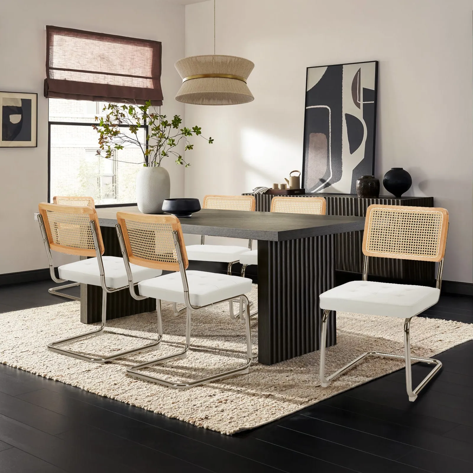 COLAMY Velvet Cantilever Dining Chairs Armless Kitchen Side Chairs with Upholstered Seat & Cane Back