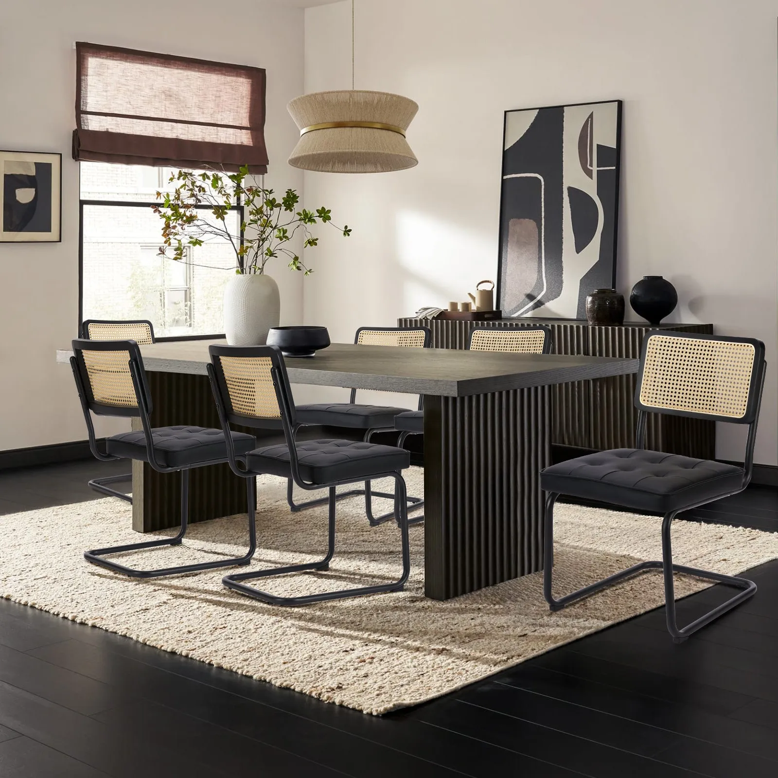 COLAMY Velvet Cantilever Dining Chairs Armless Kitchen Side Chairs with Upholstered Seat & Cane Back