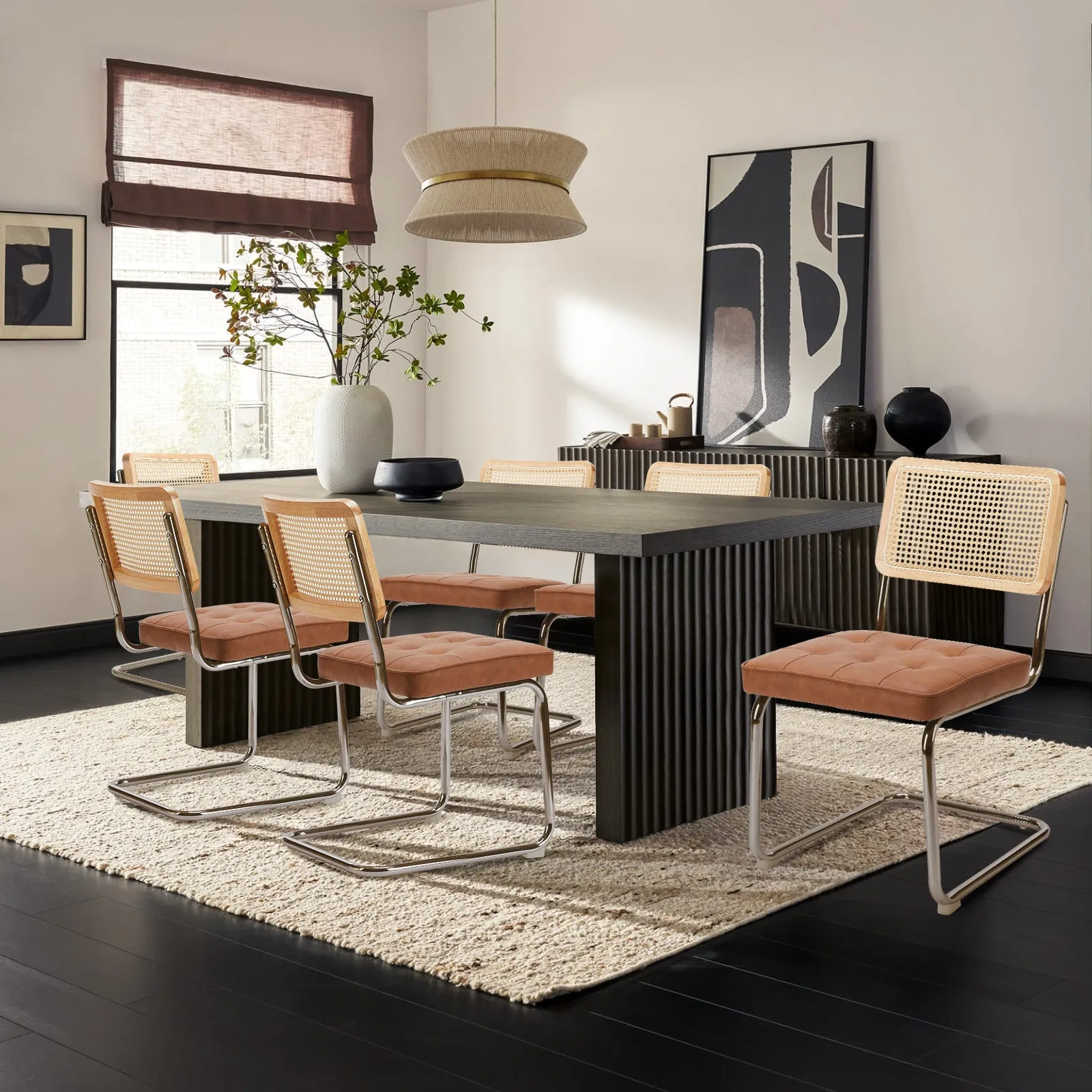 COLAMY Velvet Cantilever Dining Chairs Armless Kitchen Side Chairs with Upholstered Seat & Cane Back