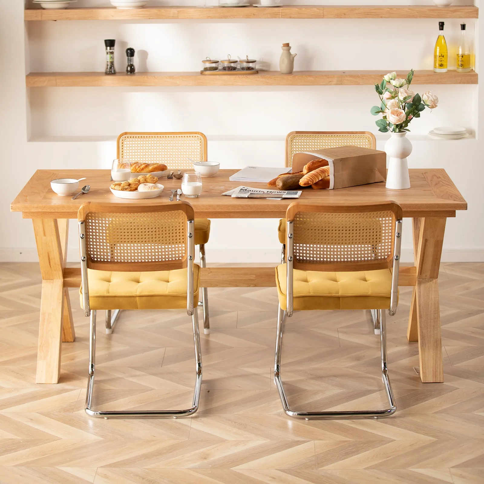 COLAMY Velvet Cantilever Dining Chairs Armless Kitchen Side Chairs with Upholstered Seat & Cane Back