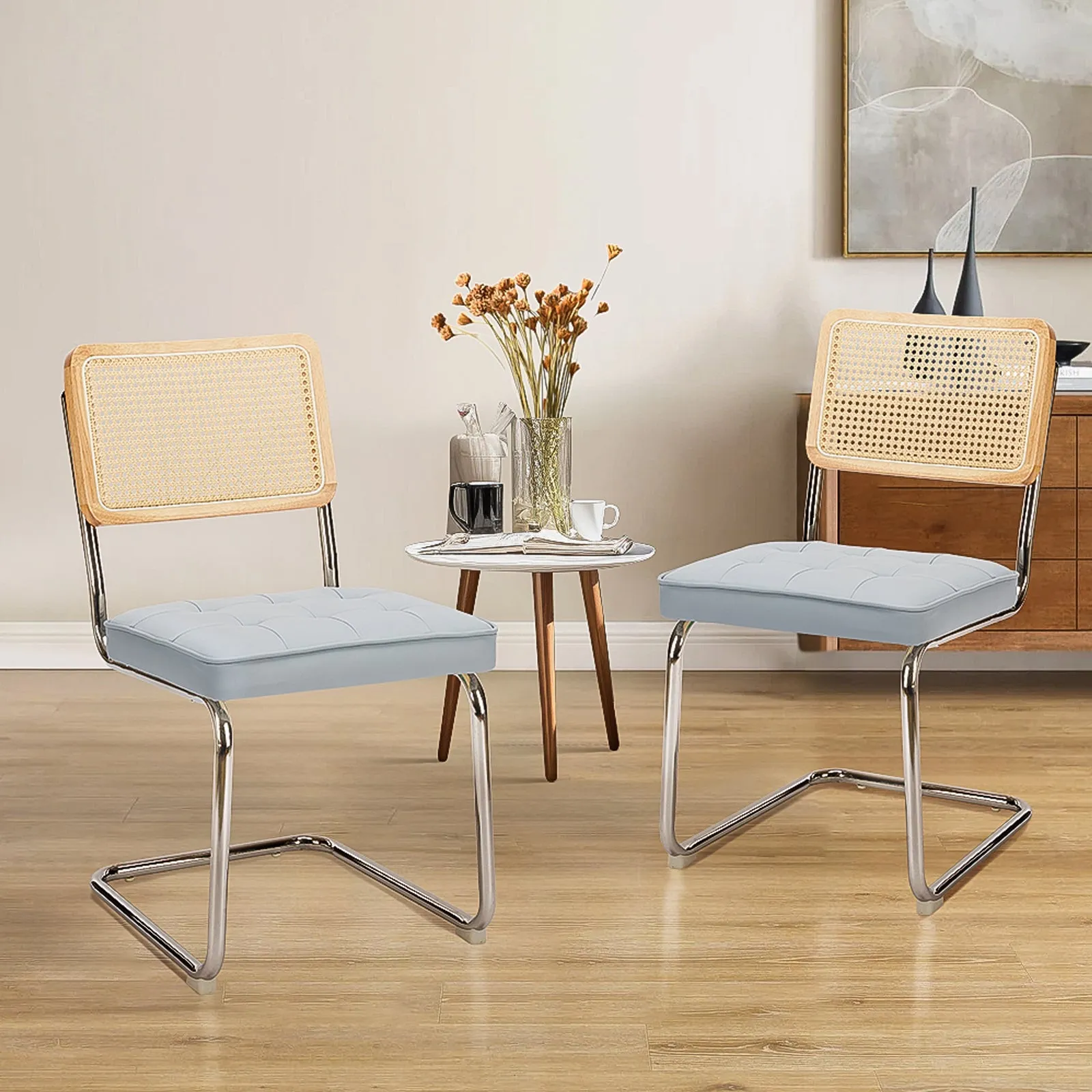 COLAMY Velvet Cantilever Dining Chairs Armless Kitchen Side Chairs with Upholstered Seat & Cane Back
