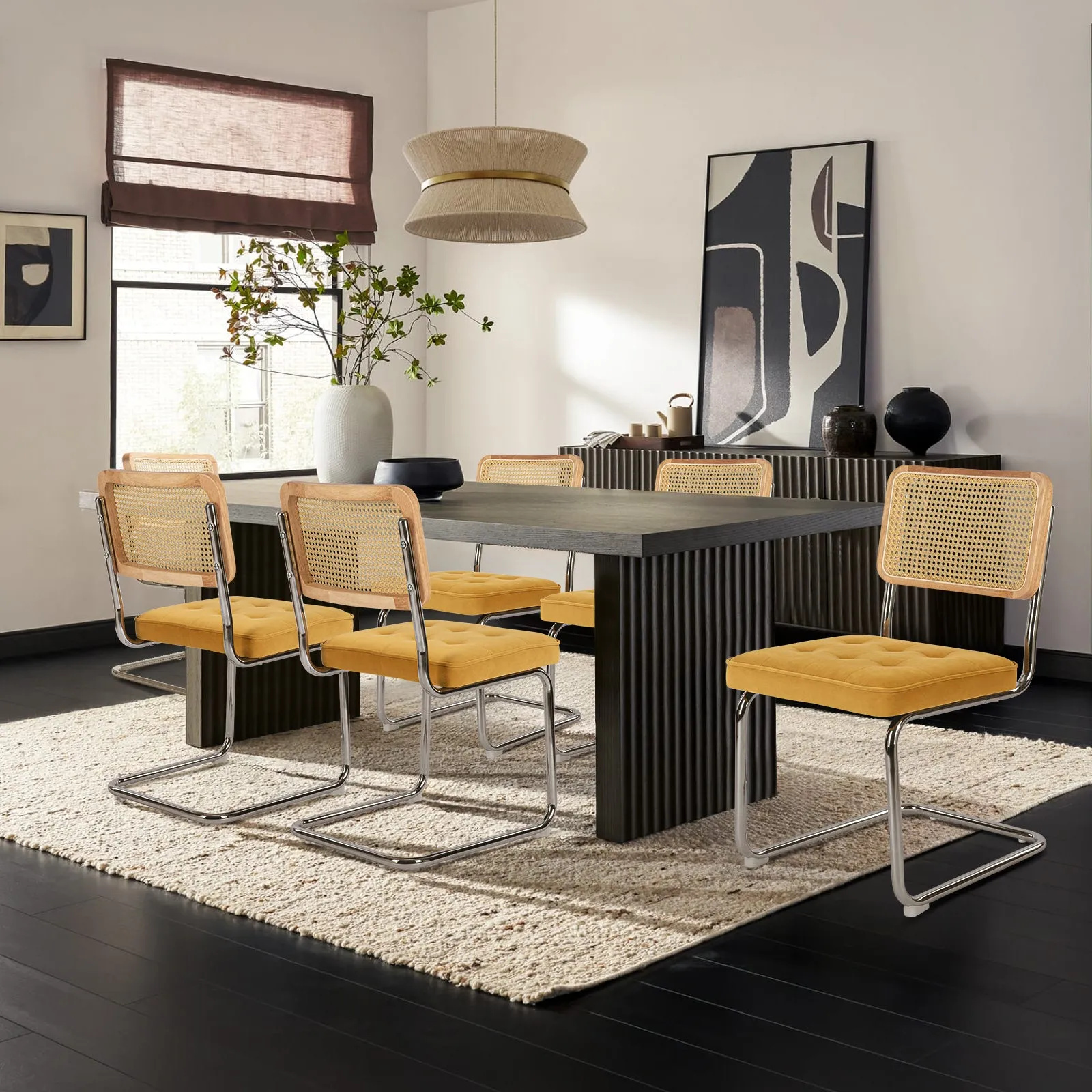 COLAMY Velvet Cantilever Dining Chairs Armless Kitchen Side Chairs with Upholstered Seat & Cane Back