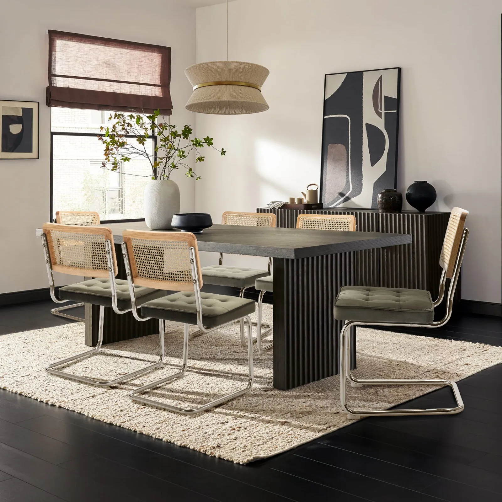 COLAMY Velvet Cantilever Dining Chairs Armless Kitchen Side Chairs with Upholstered Seat & Cane Back