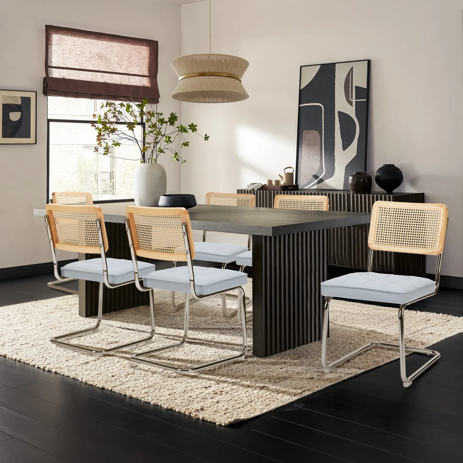 COLAMY Velvet Cantilever Dining Chairs Armless Kitchen Side Chairs with Upholstered Seat & Cane Back