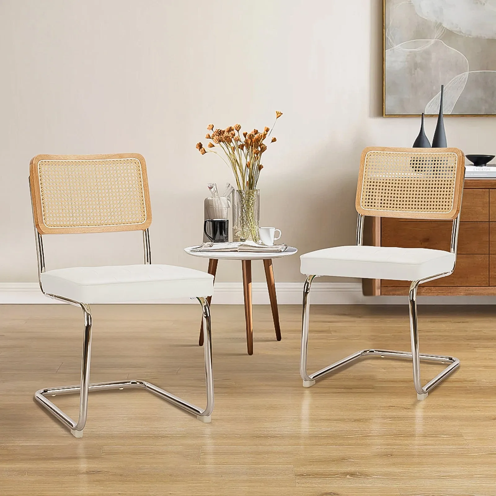 COLAMY Velvet Cantilever Dining Chairs Armless Kitchen Side Chairs with Upholstered Seat & Cane Back