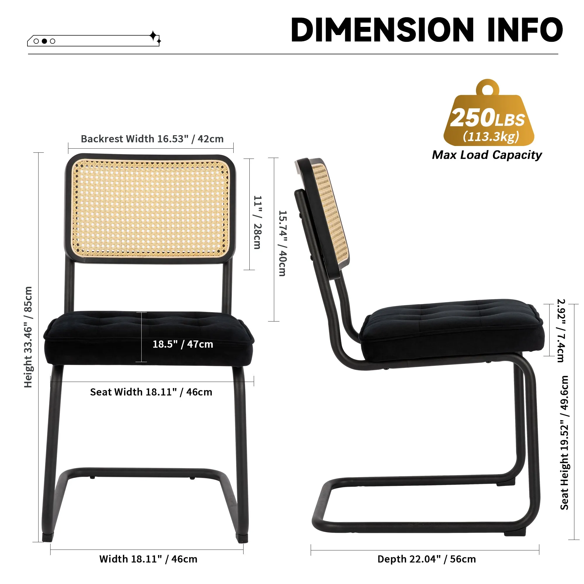 COLAMY Velvet Cantilever Dining Chairs Armless Kitchen Side Chairs with Upholstered Seat & Cane Back