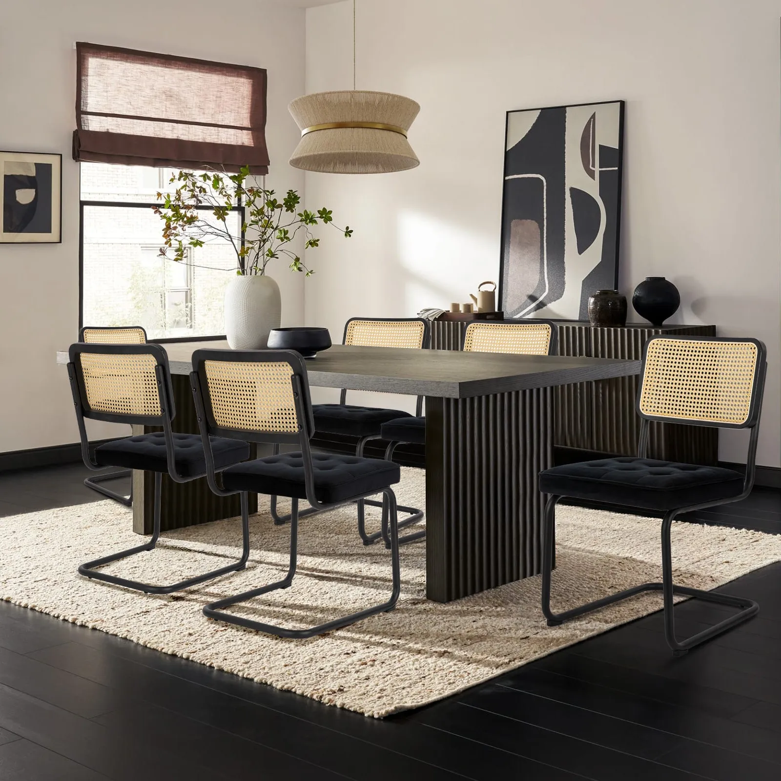 COLAMY Velvet Cantilever Dining Chairs Armless Kitchen Side Chairs with Upholstered Seat & Cane Back