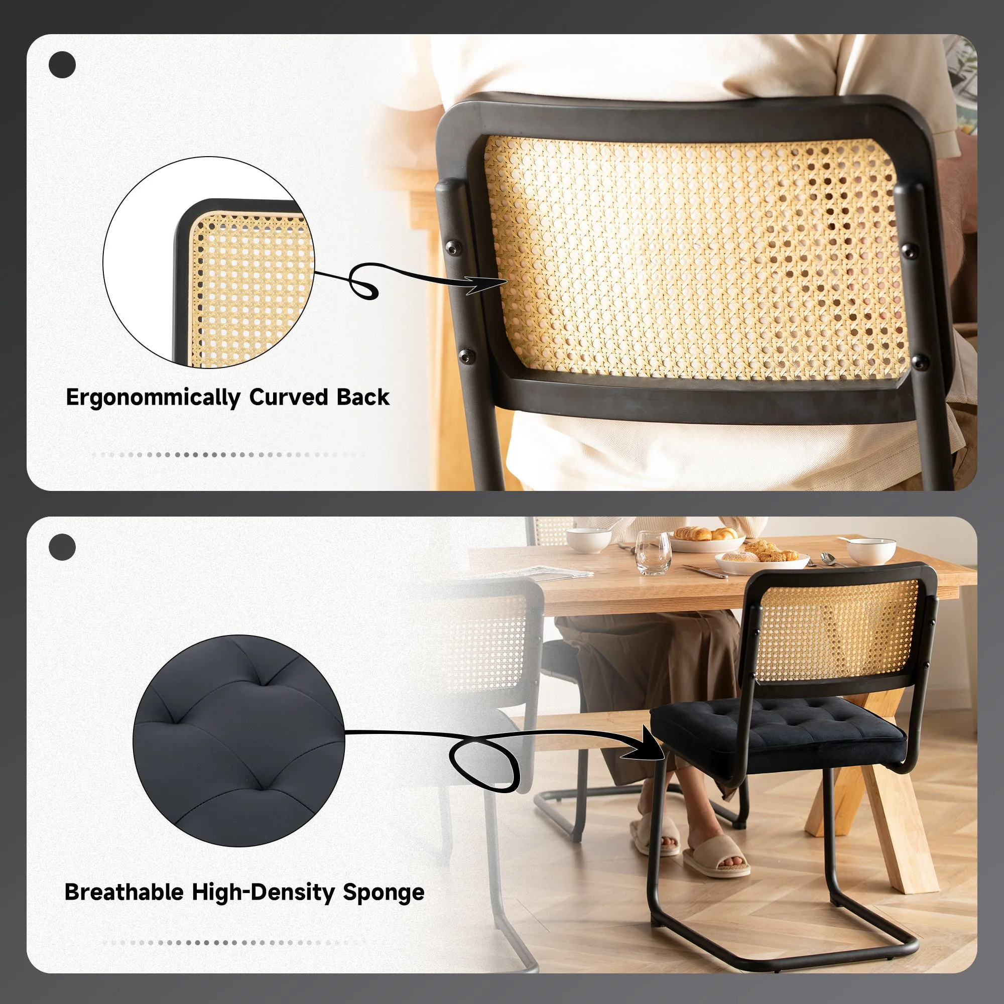 COLAMY Velvet Cantilever Dining Chairs Armless Kitchen Side Chairs with Upholstered Seat & Cane Back