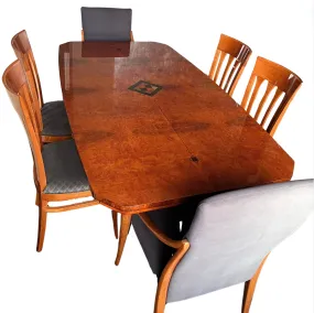 Custom Italian Dining Set, Wood Table with Inlay, Six Chairs, Two Leaves, Contemporary