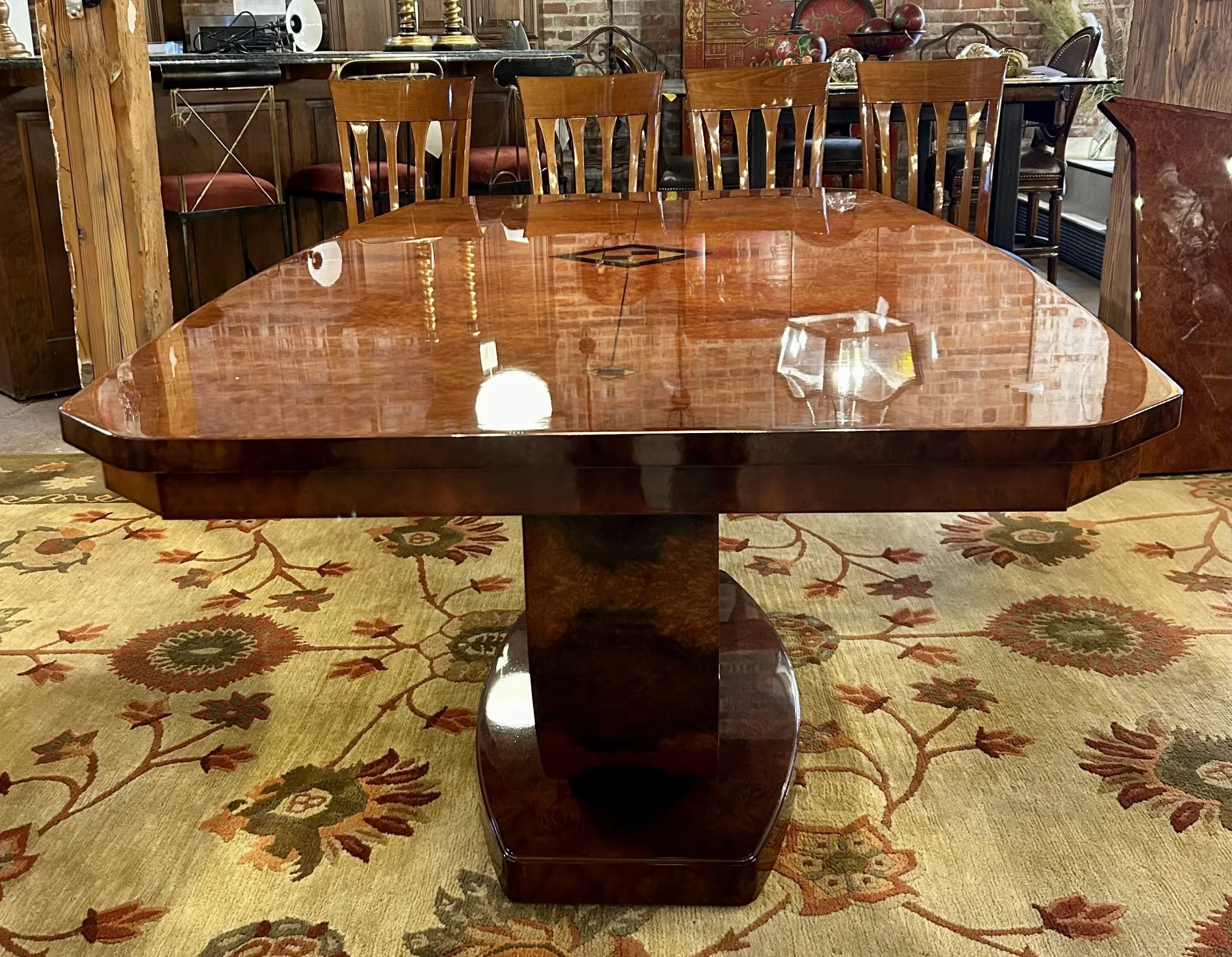 Custom Italian Dining Set, Wood Table with Inlay, Six Chairs, Two Leaves, Contemporary
