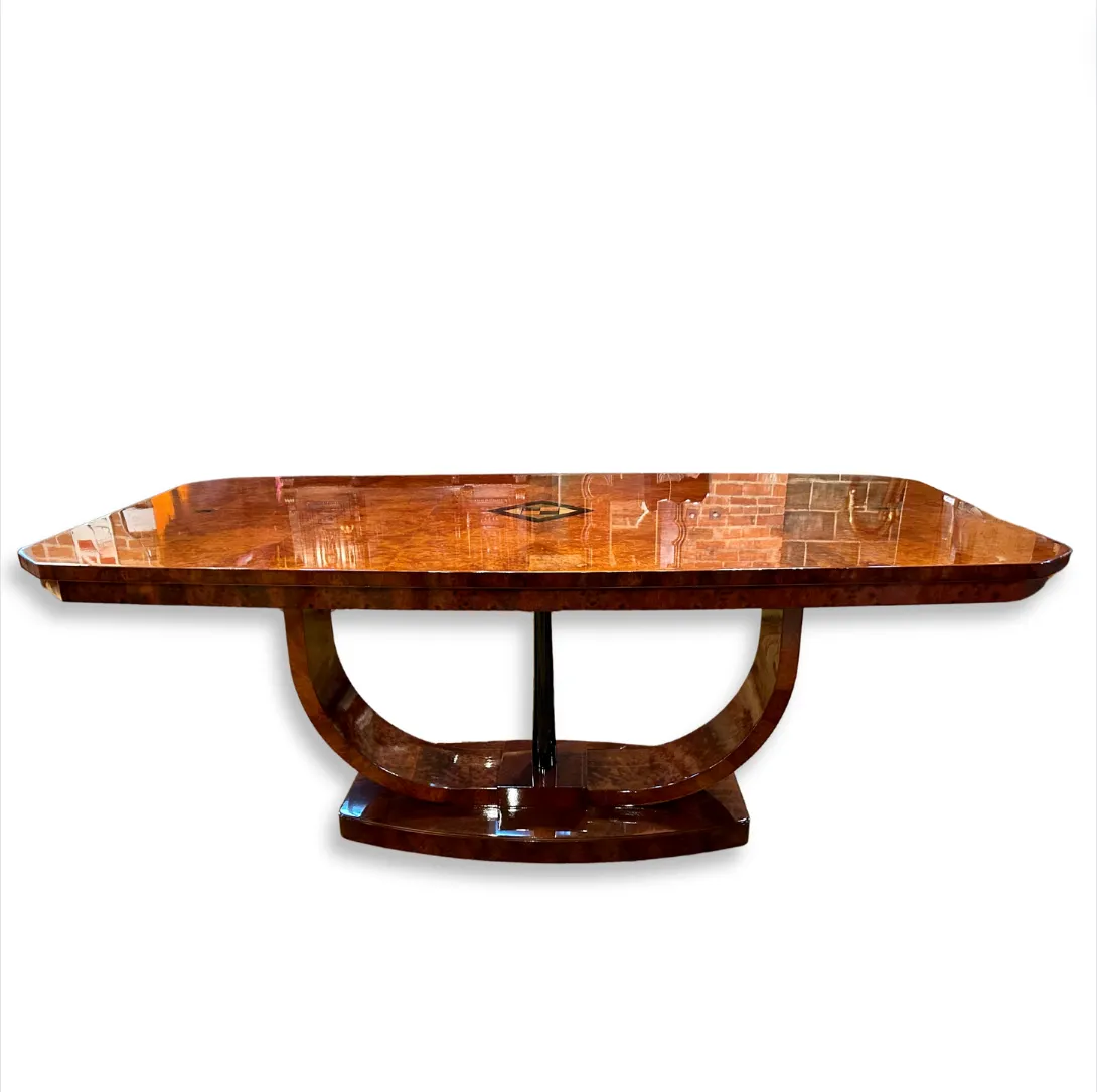 Custom Italian Dining Set, Wood Table with Inlay, Six Chairs, Two Leaves, Contemporary