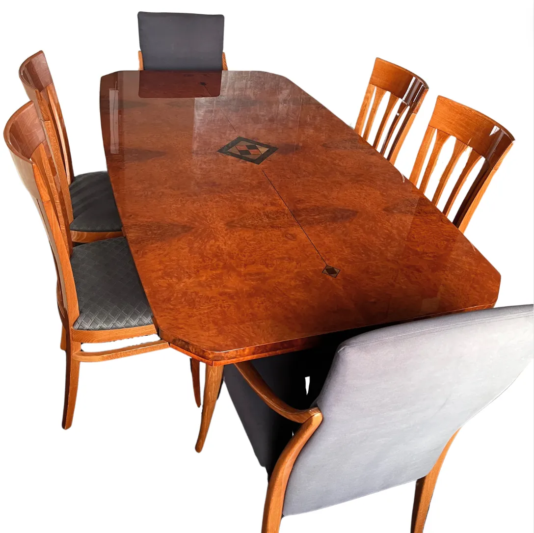 Custom Italian Dining Set, Wood Table with Inlay, Six Chairs, Two Leaves, Contemporary