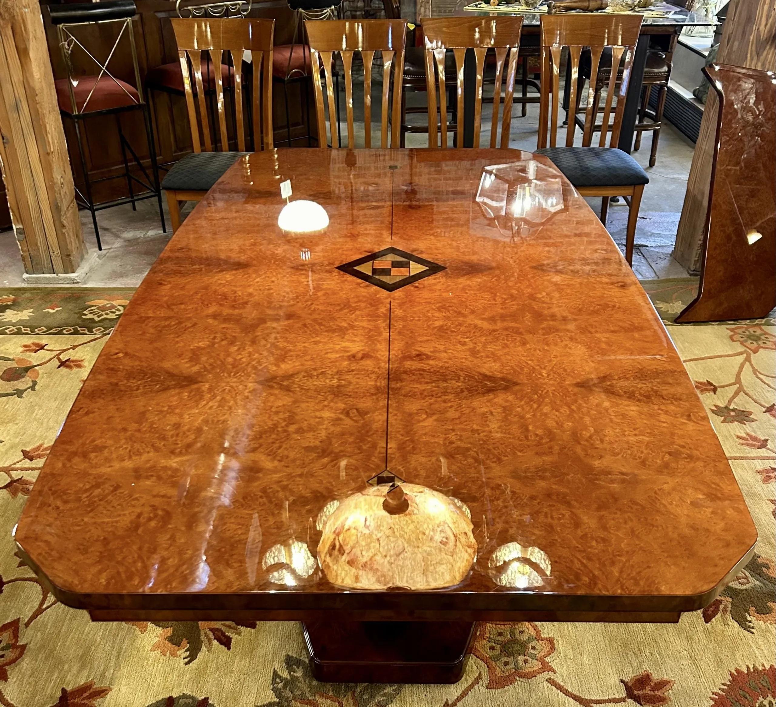 Custom Italian Dining Set, Wood Table with Inlay, Six Chairs, Two Leaves, Contemporary