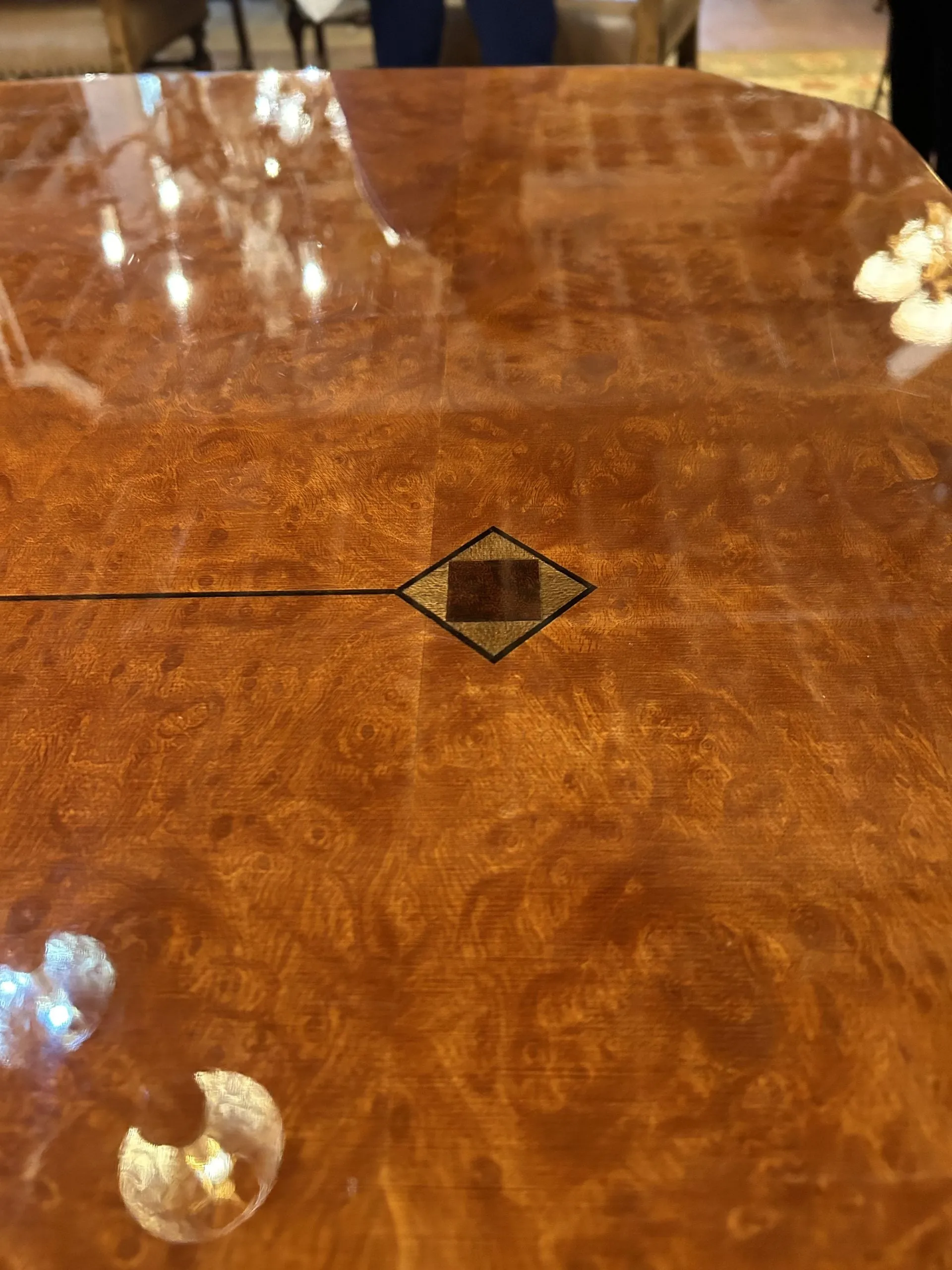 Custom Italian Dining Set, Wood Table with Inlay, Six Chairs, Two Leaves, Contemporary