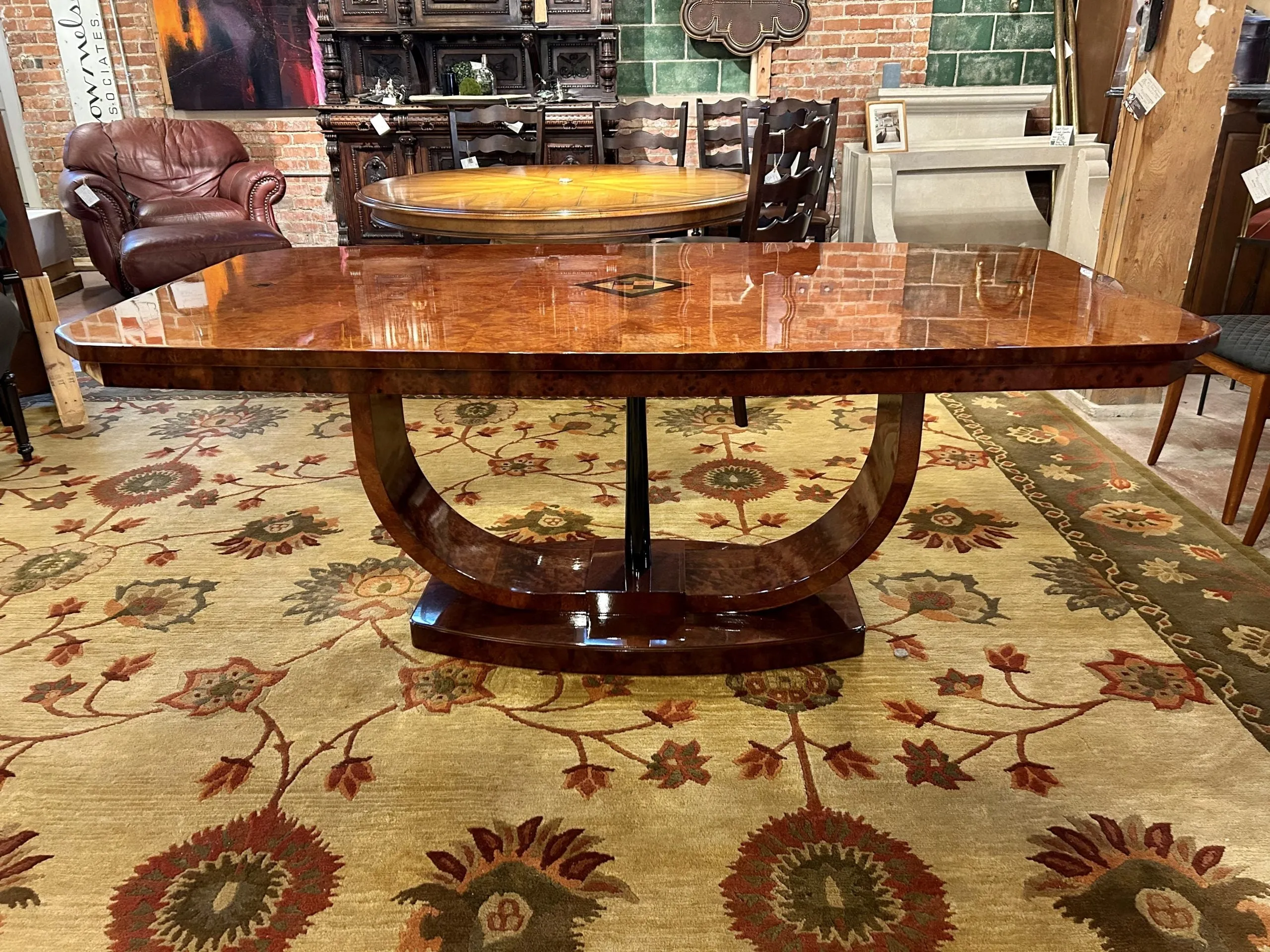 Custom Italian Dining Set, Wood Table with Inlay, Six Chairs, Two Leaves, Contemporary