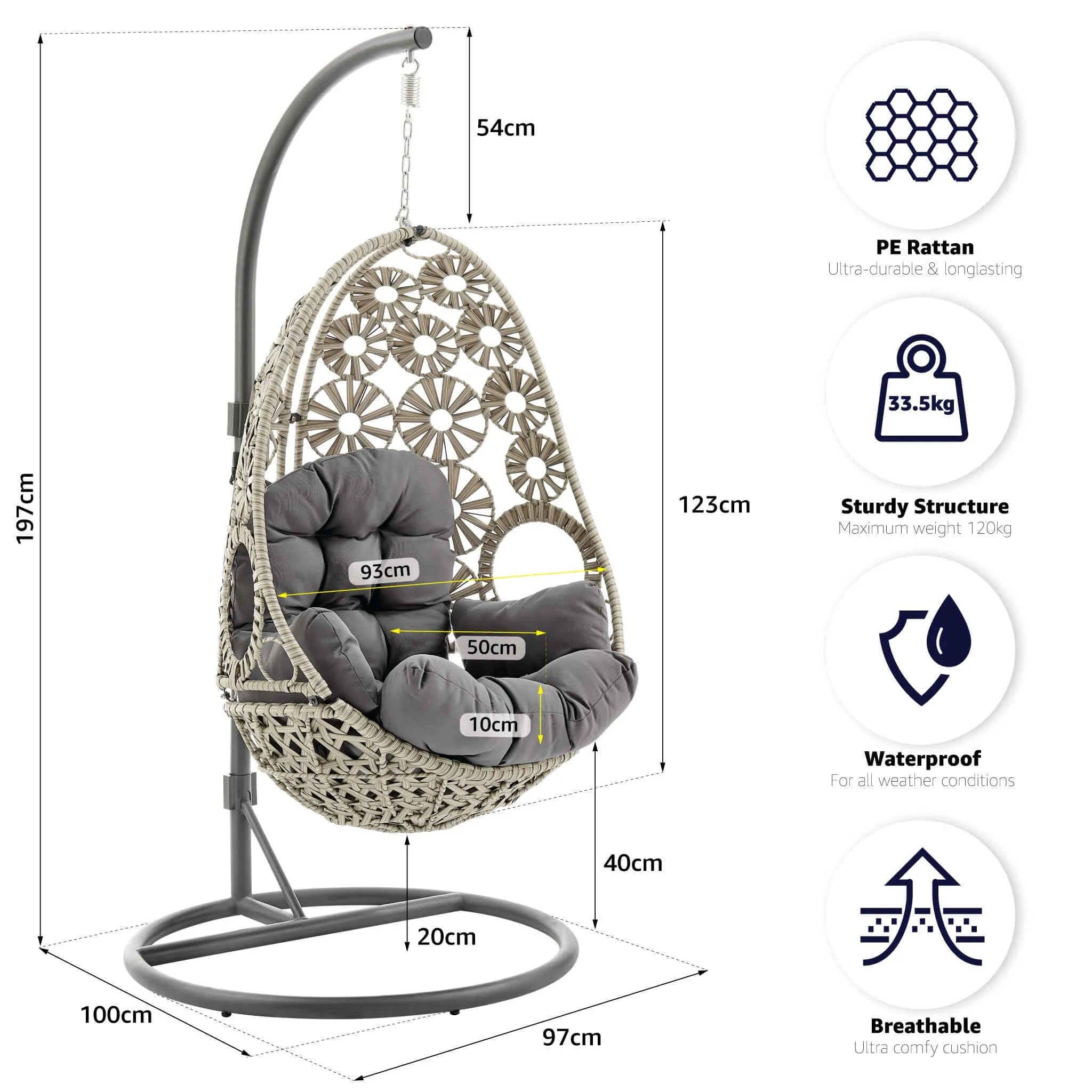 Etna Sunburst Garden Outdoor PE Rattan Hanging Swinging Egg Chair