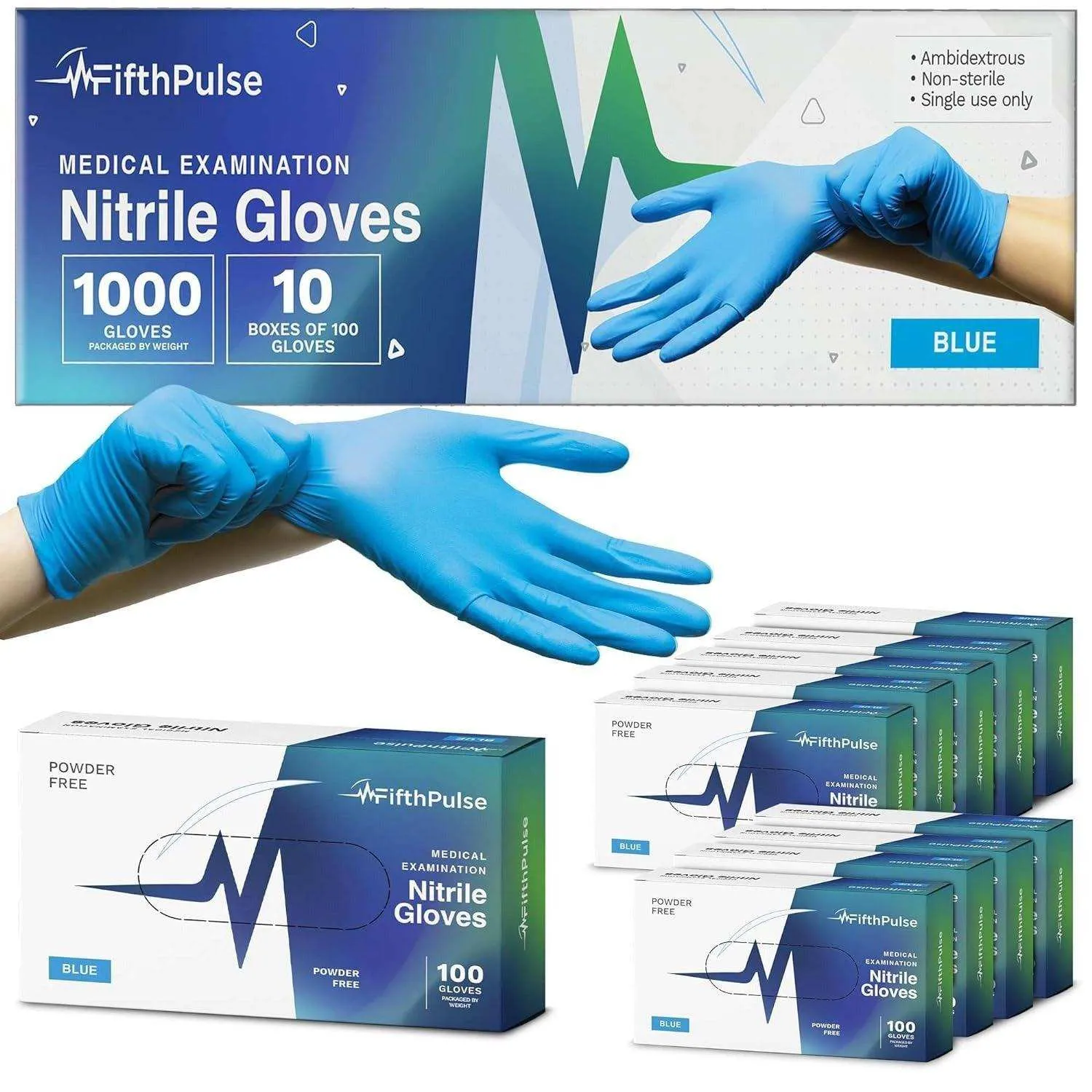 FifthPulse Medical Exam Blue Nitrile Gloves - 10 Boxes of 100 100 Count