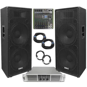 FL-155PC-PA Package - Pair of Premium Dual 15" PA/DJ Speakers, 10 Channel Mixer, 2 Channel Power Amplifier and Cables