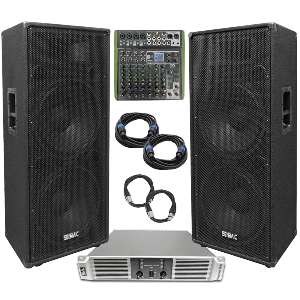 FL-155PC-PA Package - Pair of Premium Dual 15" PA/DJ Speakers, 10 Channel Mixer, 2 Channel Power Amplifier and Cables