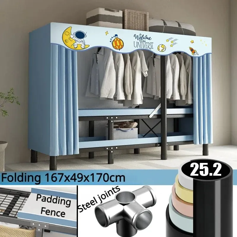 Foldable Oxford Cloth Wardrobe with Curtain – Simple No Assembly Cloth Storage Solution with Steel Frame for Any Bedroom or Rental Space