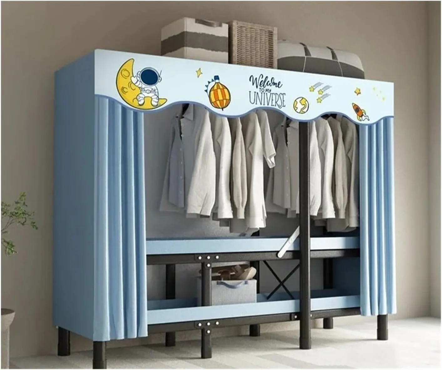 Foldable Oxford Cloth Wardrobe with Curtain – Simple No Assembly Cloth Storage Solution with Steel Frame for Any Bedroom or Rental Space