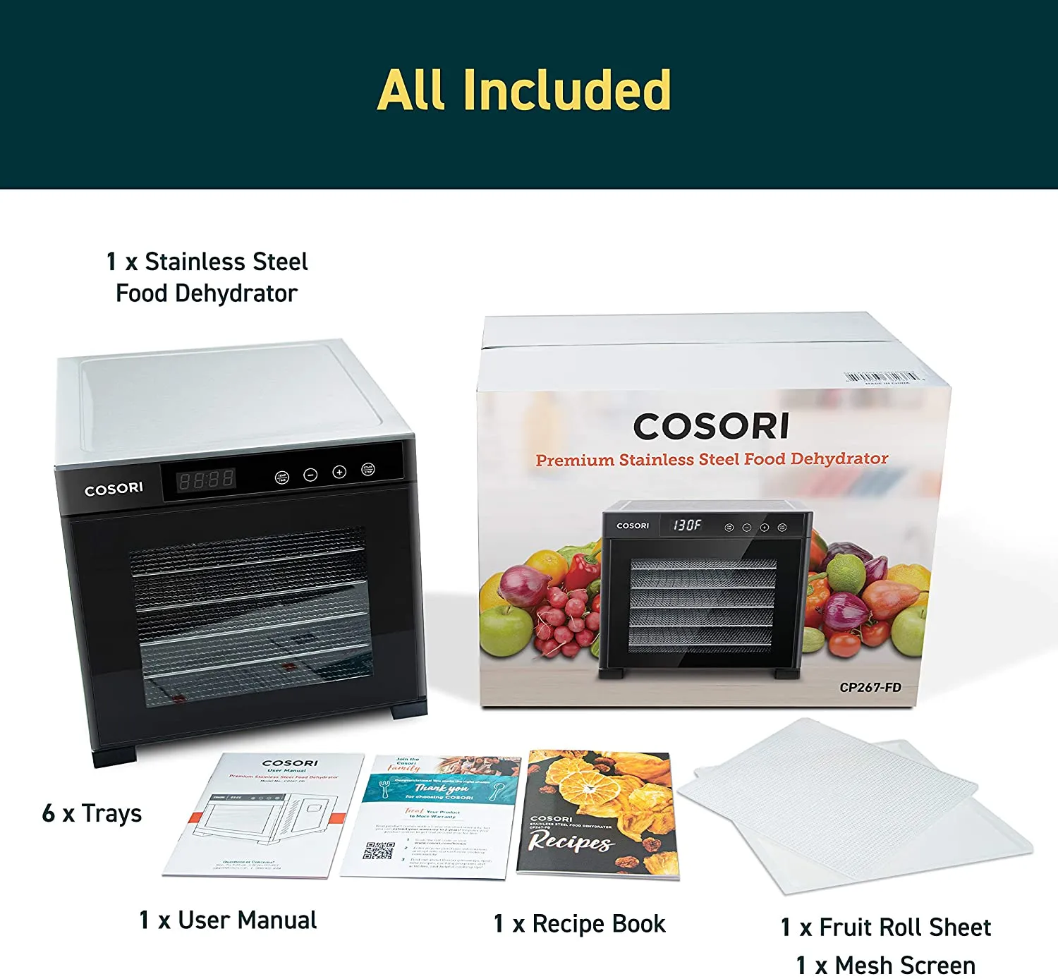 Food Dehydrator, 6 Stainless Steel Trays with Digital Timer and Temperature Control for Beef,Jerky,Fruit,Dog Treats,Herbs, FDA Compliant