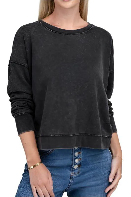 French Terry Acid Wash Boat Neck Pullover