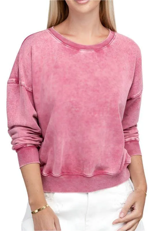French Terry Acid Wash Boat Neck Pullover