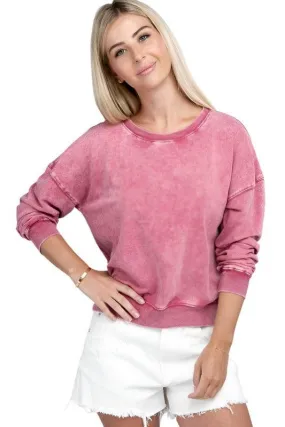 French Terry Acid Wash Boat Neck Pullover