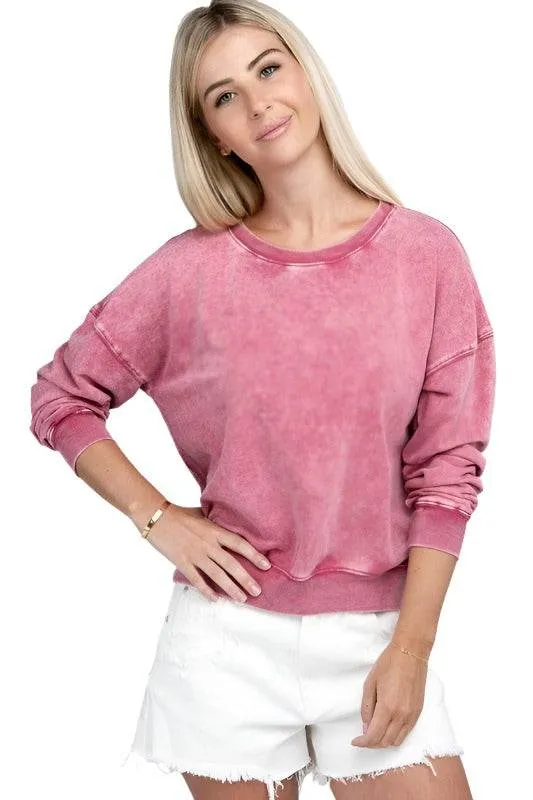 French Terry Acid Wash Boat Neck Pullover