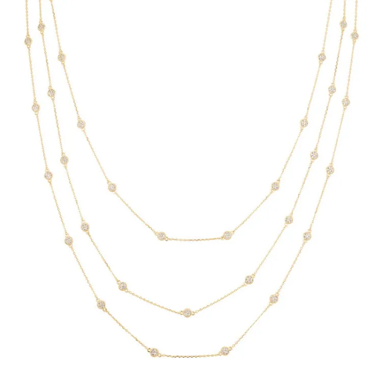 Gold vermeil finish sterling micropave 3 chain layered tin cup necklace with simulated diamonds on 16 - 18 adjustable chain