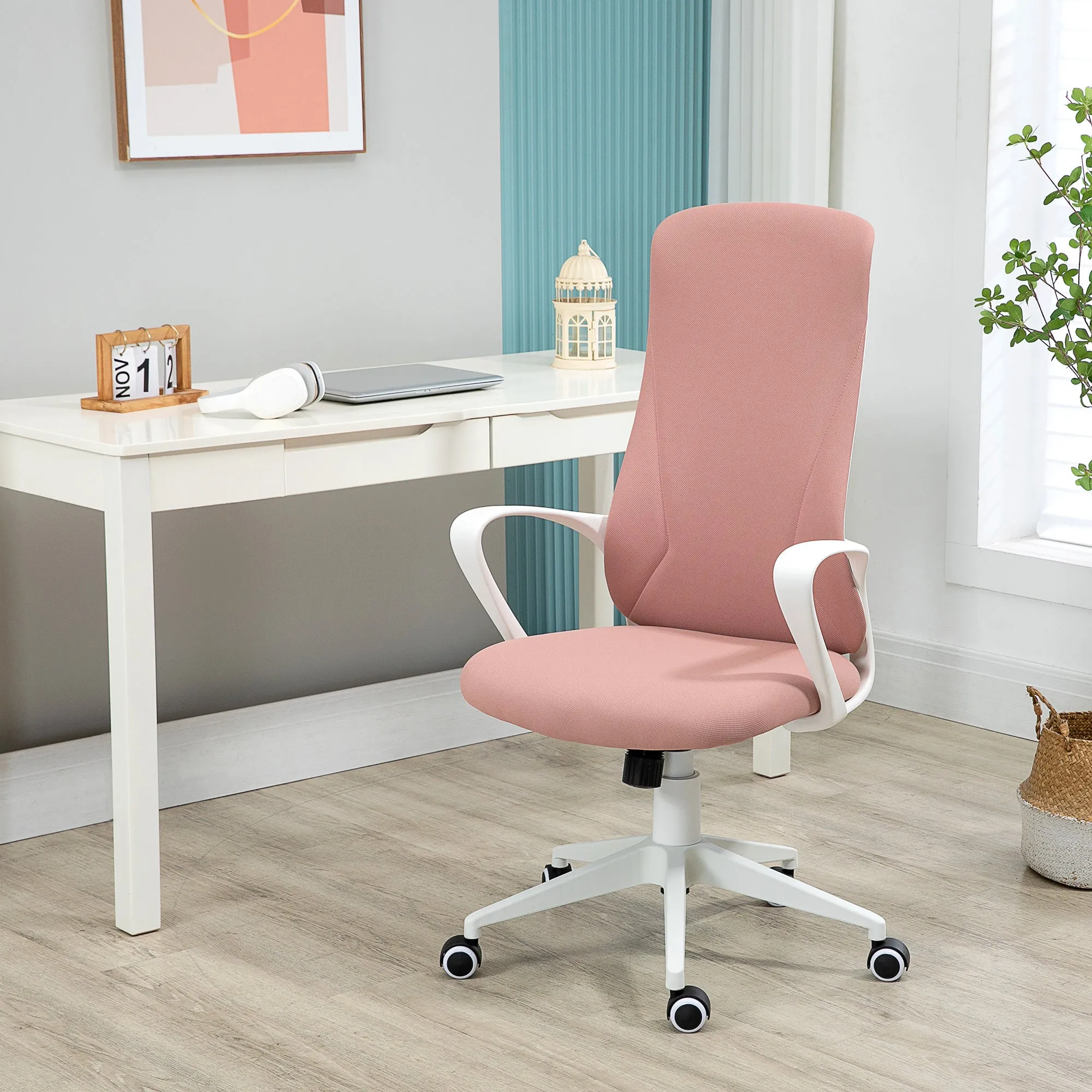 High-Back Office Chair, Elastic Desk Chair with Armrests, Tilt Function, Adjustable Seat Height, Pink