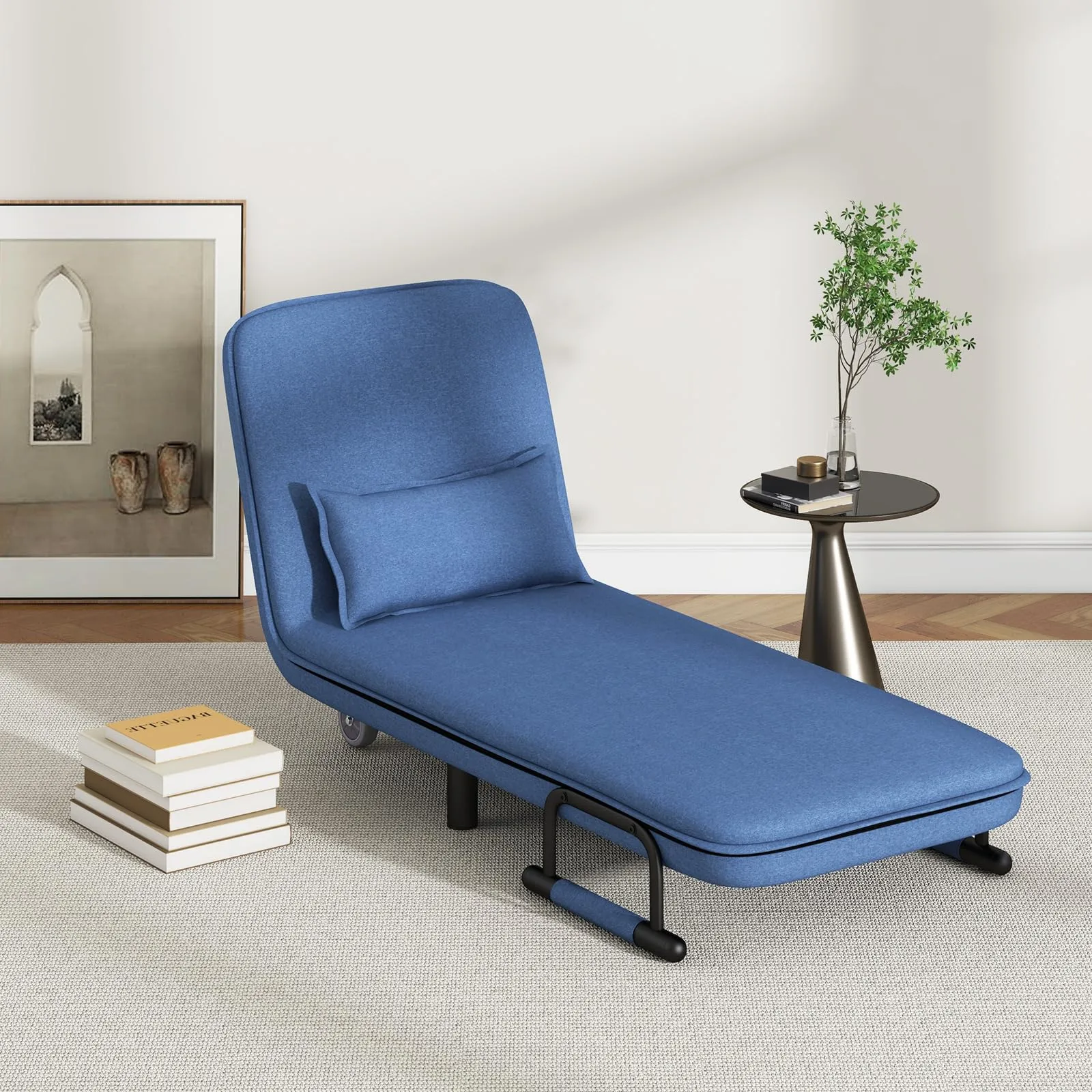 KOMFOTT Convertible Chair Bed, Sleeper Chair with 5-Position Adjustable Backrest & Lumbar Pillow, 2 Hidden Metal Legs & 2 Lockable Casters