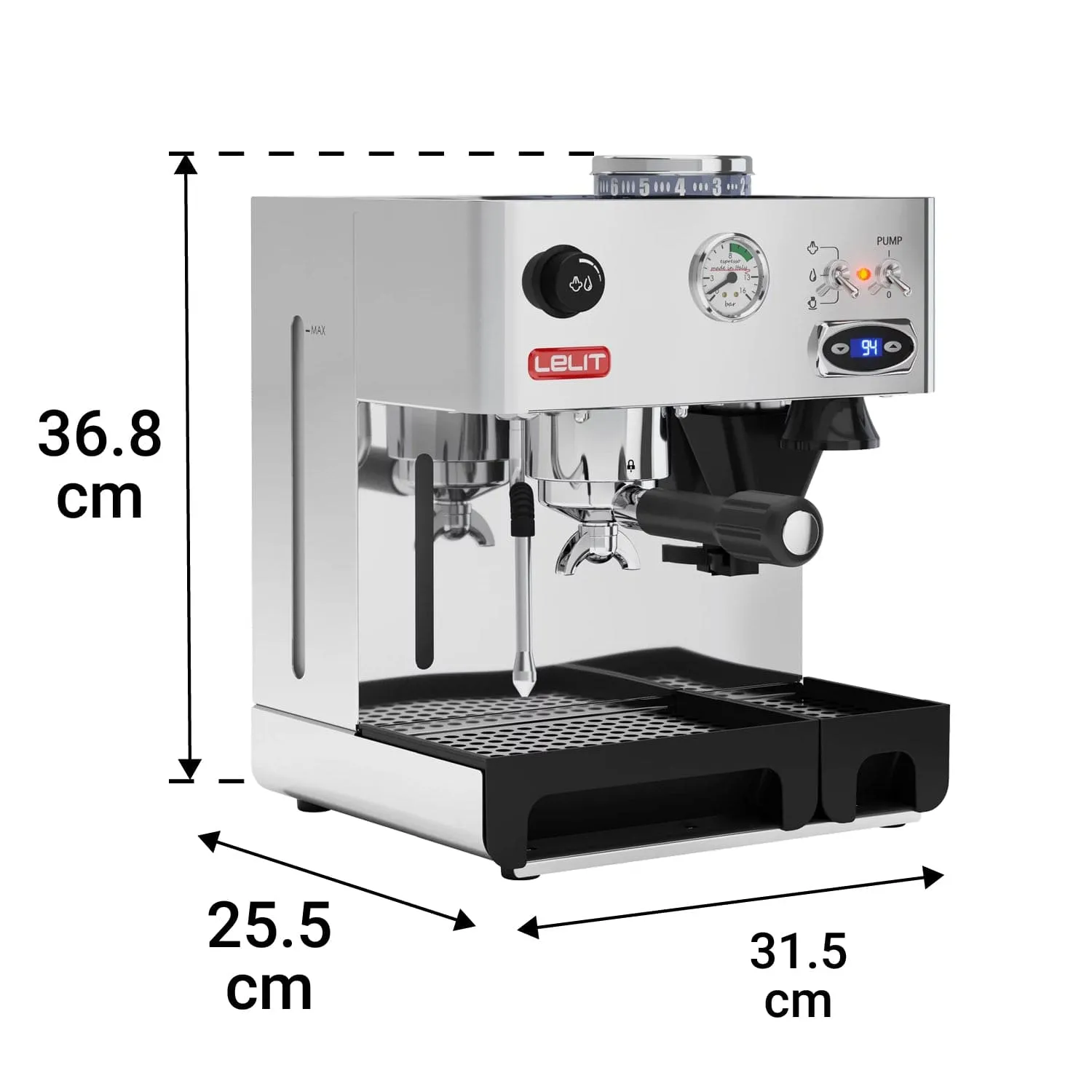 Lelit Anita Italian Coffee Machine with InBuilt Grinder, Single Boiler, PID Control, Manometer for Pressure, Multi-Directional Steam Wand and Upto 15 Bar Pressure