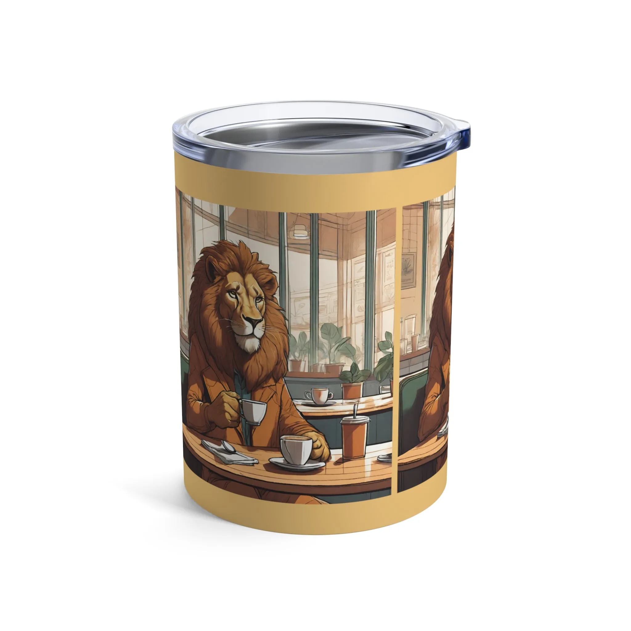 Lion Brews Elegance: 10 oz Stainless Tumbler for Coffee Enthusiasts - Unique Cafe Scene Design