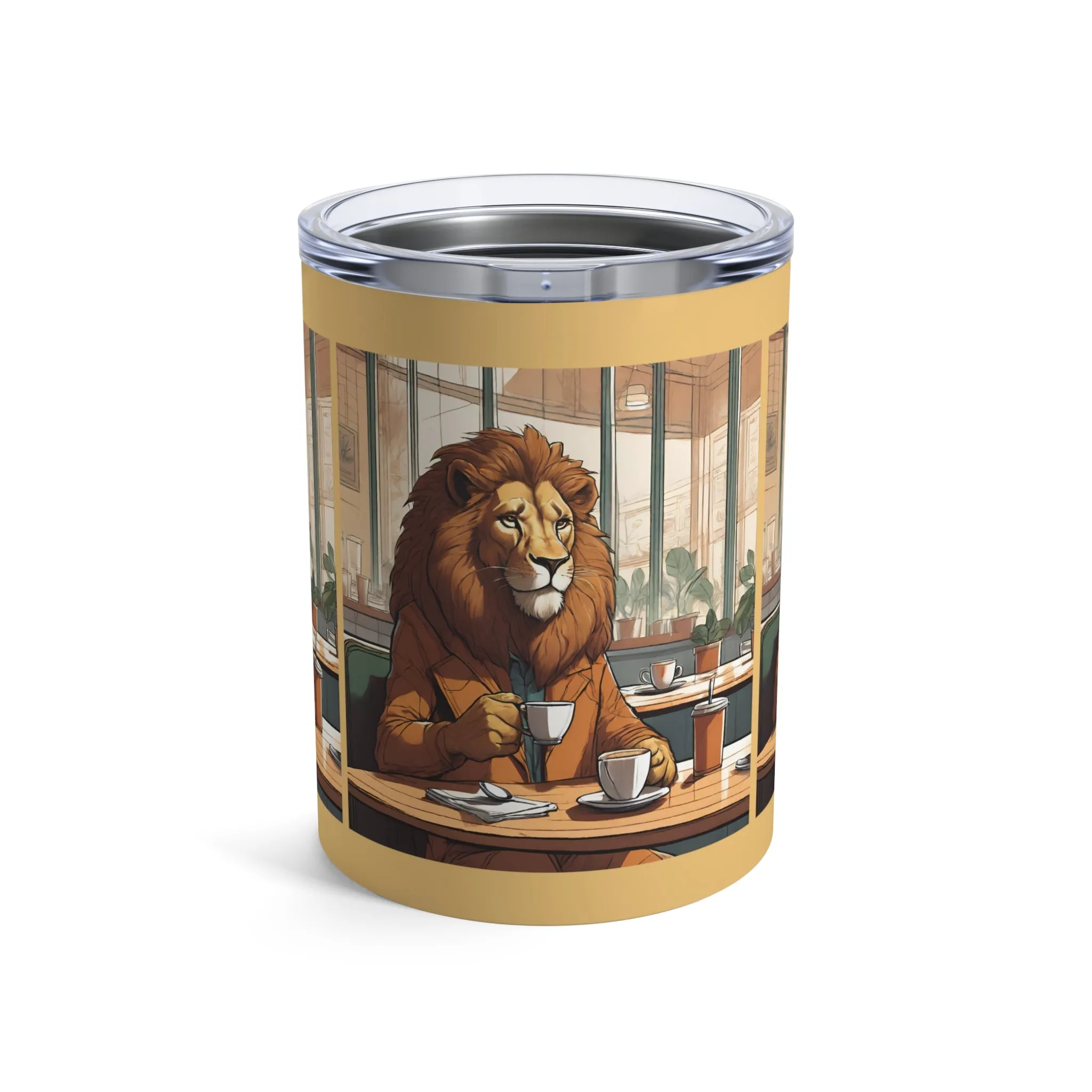 Lion Brews Elegance: 10 oz Stainless Tumbler for Coffee Enthusiasts - Unique Cafe Scene Design