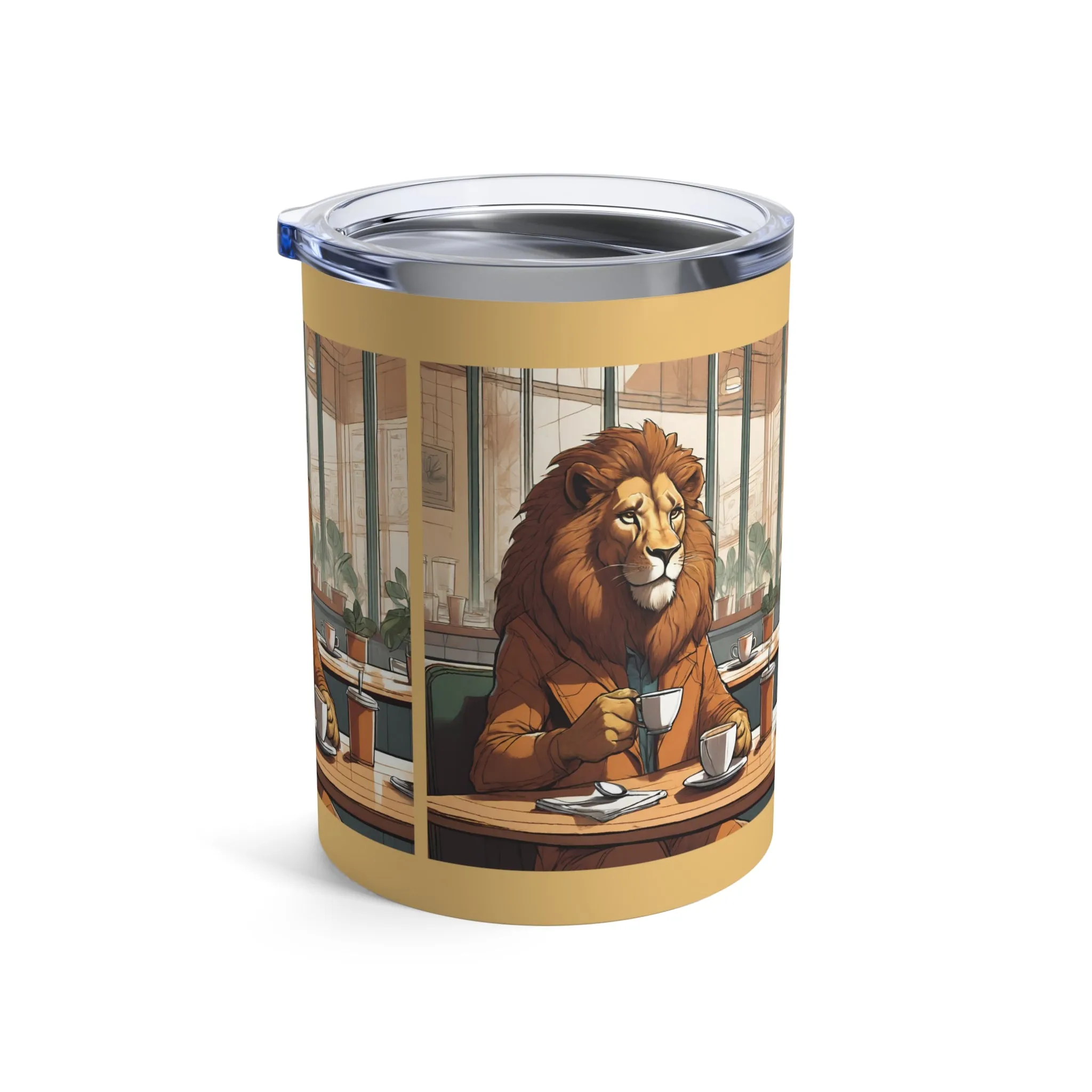 Lion Brews Elegance: 10 oz Stainless Tumbler for Coffee Enthusiasts - Unique Cafe Scene Design