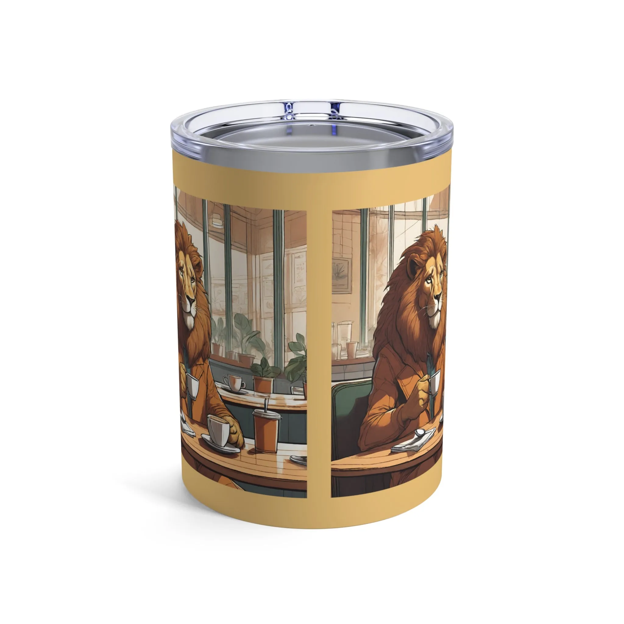 Lion Brews Elegance: 10 oz Stainless Tumbler for Coffee Enthusiasts - Unique Cafe Scene Design