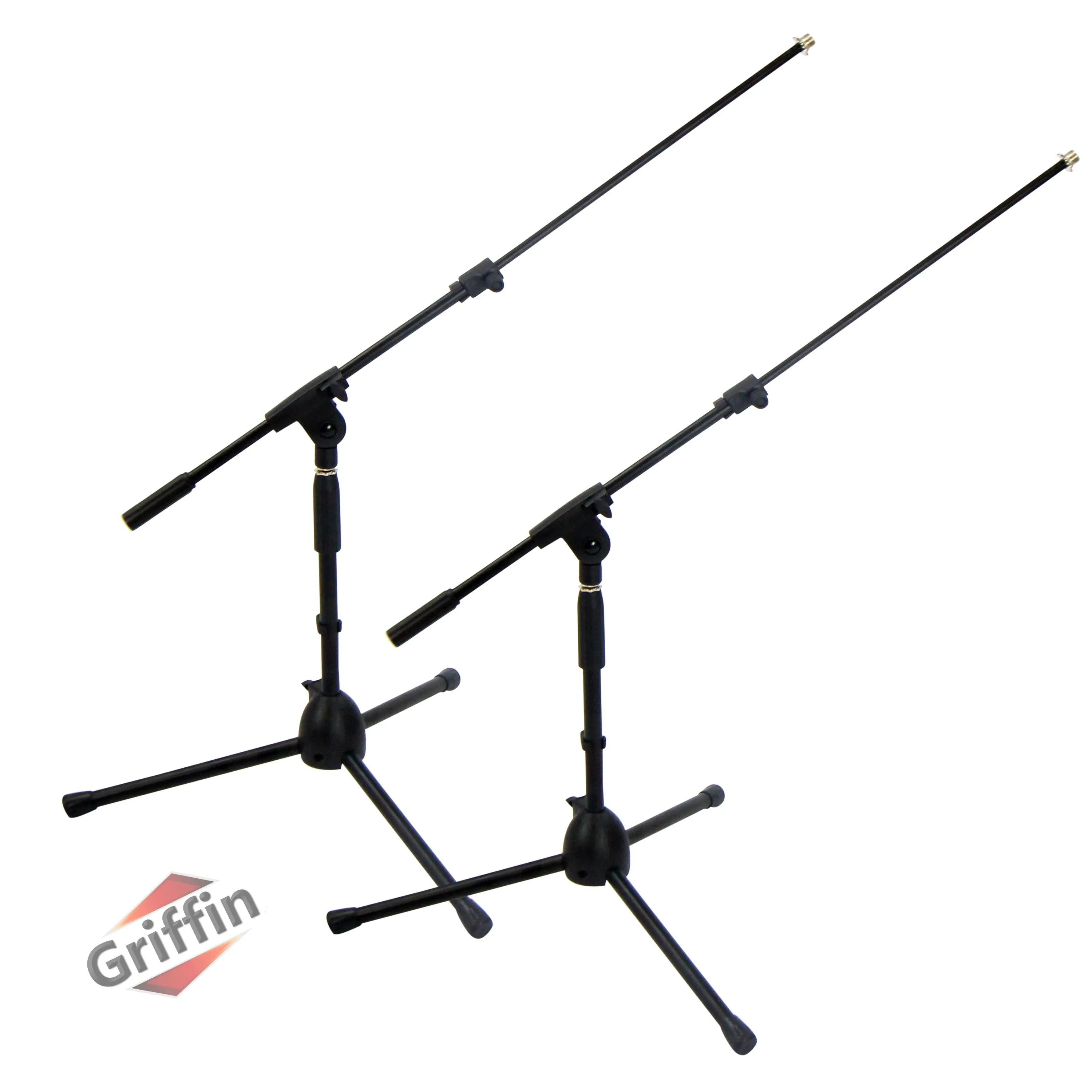 Low-Profile Microphone Stand (2 PACK) by GRIFFIN - Short Tripod Mic Stand Mount with Boom Arm for Kick Bass Drum, Studio Desktop Recording, Singing & Guitar Amplifiers - Small Height Telescoping Holder