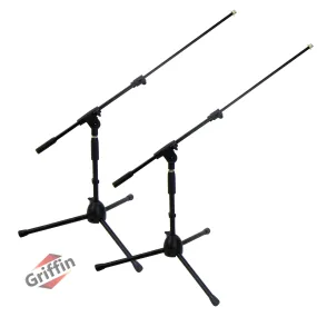 Low-Profile Microphone Stand (2 PACK) by GRIFFIN - Short Tripod Mic Stand Mount with Boom Arm for Kick Bass Drum, Studio Desktop Recording, Singing & Guitar Amplifiers - Small Height Telescoping Holder