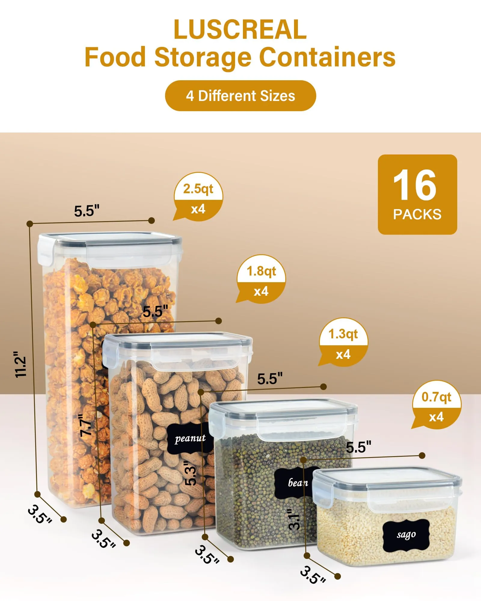 LUSCREAL Airtight Food Containers with Lids, 16 pcs Cereal Containers Storage Kitchen Storage, Plastic Kitchen Organizers and Storage for Dry Food, Flour and Sugar,Include 20 Labels and 5 Spoons