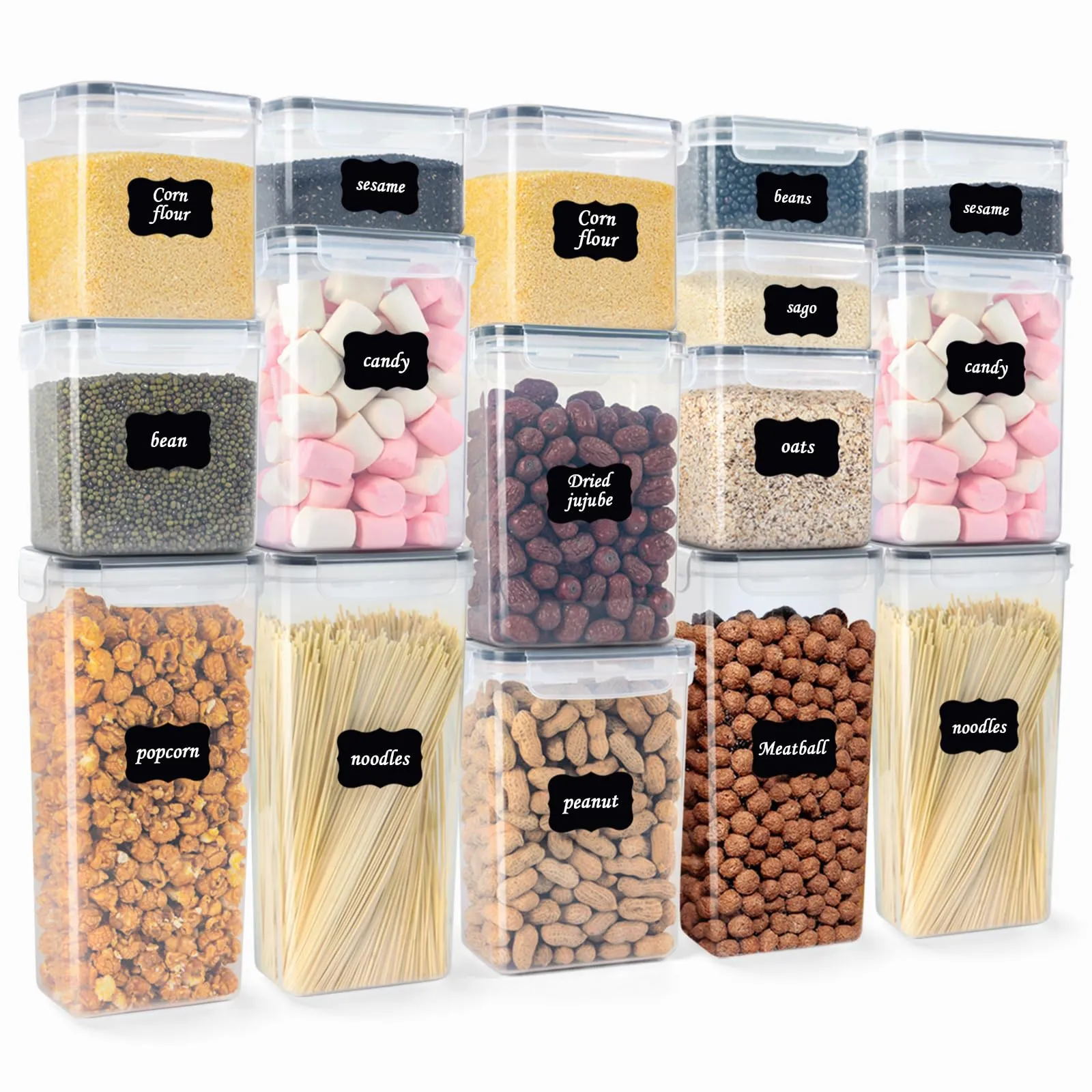 LUSCREAL Airtight Food Containers with Lids, 16 pcs Cereal Containers Storage Kitchen Storage, Plastic Kitchen Organizers and Storage for Dry Food, Flour and Sugar,Include 20 Labels and 5 Spoons